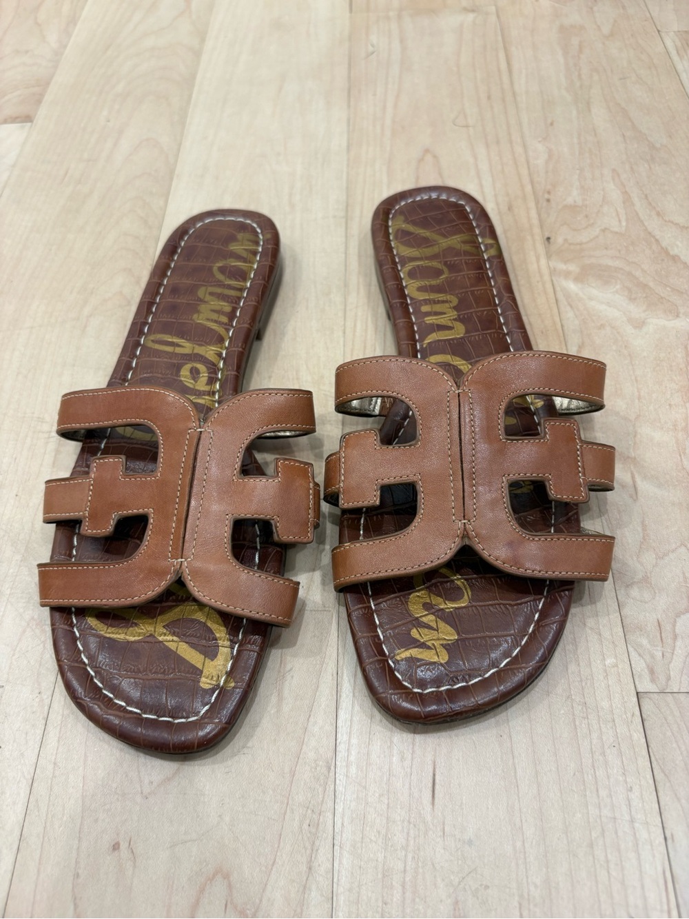 New Sam Edelman Tan Brown Leather Cutout Slide Sandals